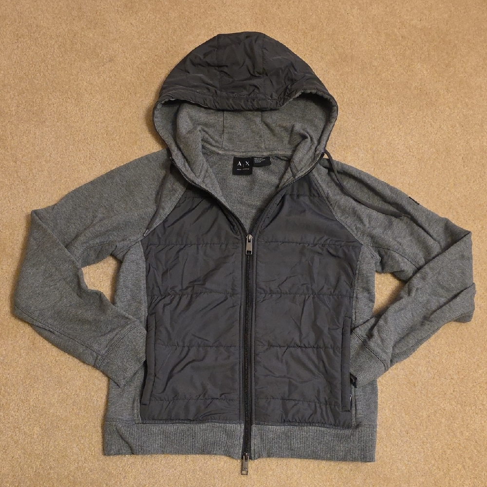 Armani Exchange Gray Puffer Jacket with Hood